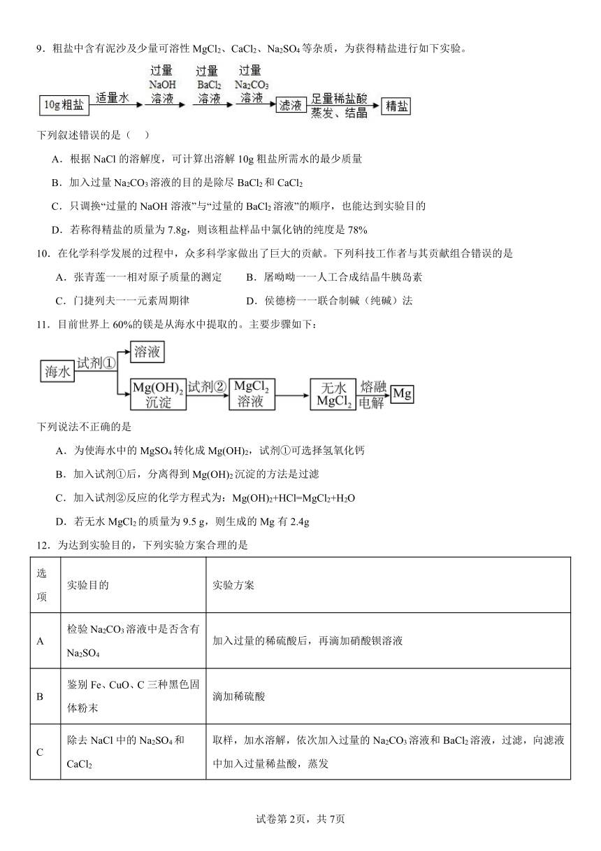 第三单元海水中的化学练习题(含解析) 2023-2024学年九年级化学鲁教版（五四学制）全一册