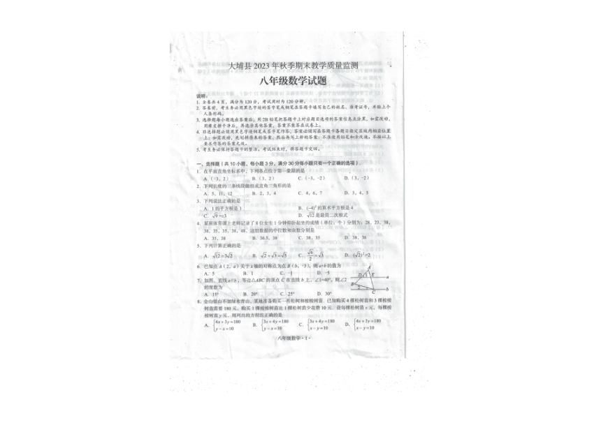 广东省梅州市大埔县2023-2024学年八年级上学期1月期末数学试题（图片版无答案）