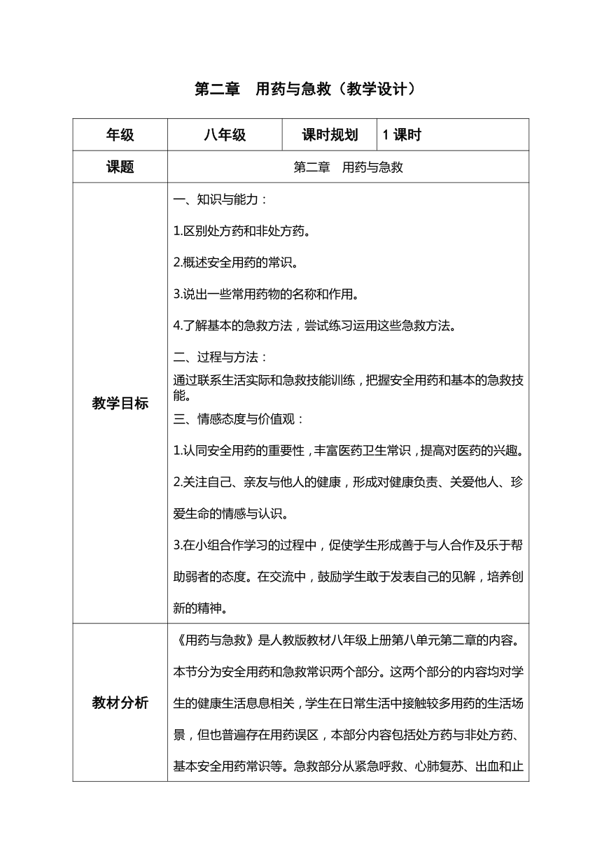 8.2 用药与急救教学设计 （表格式） 人教版八年级生物下册