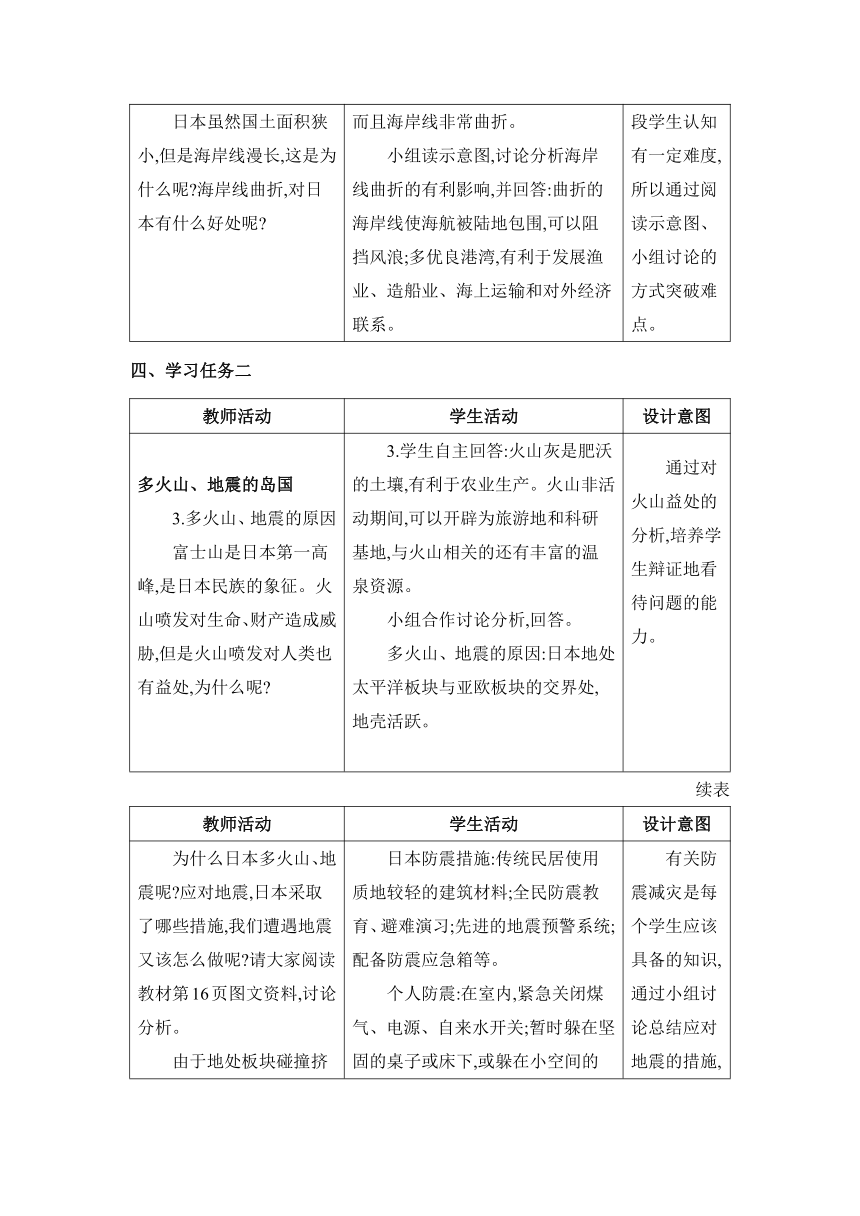 人教七下 7.1日本教案（2课时 、表格式）