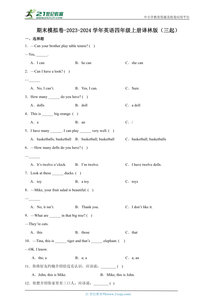 期末模拟卷-2023-2024学年英语四年级上册译林版（三起）（含解析）