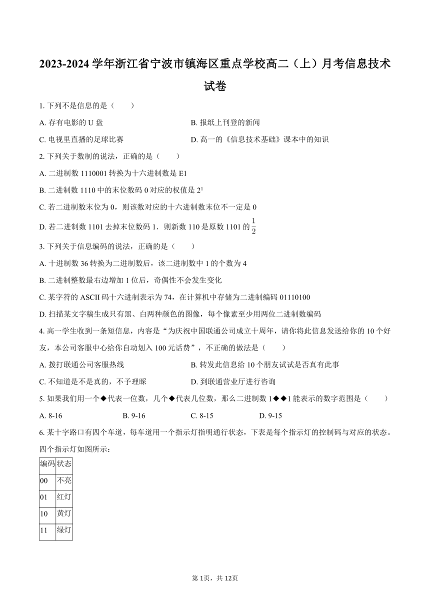 2023-2024学年浙江省宁波市镇海区重点学校高二（上）月考信息技术试卷（含解析）