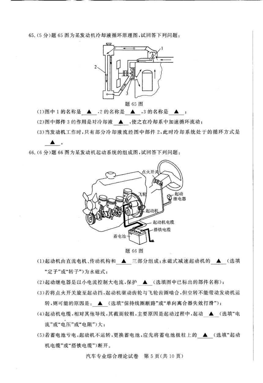 江苏省2023年中职职教高考文化统考 汽车专业综合理论试卷（图片版无答案）