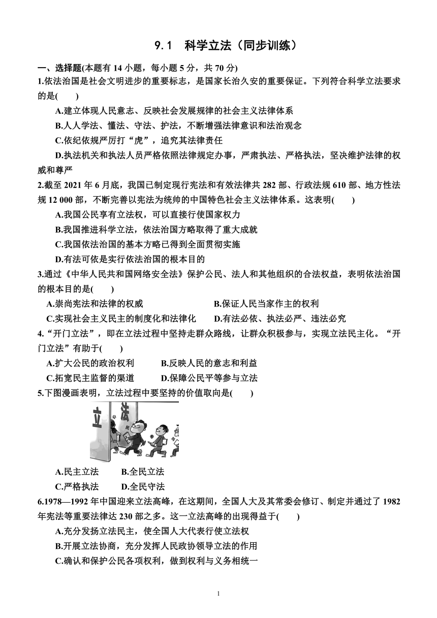 9.1  科学立法（同步训练）（含解析）—2023-2024学年高一下学期政治必修3（统编版）