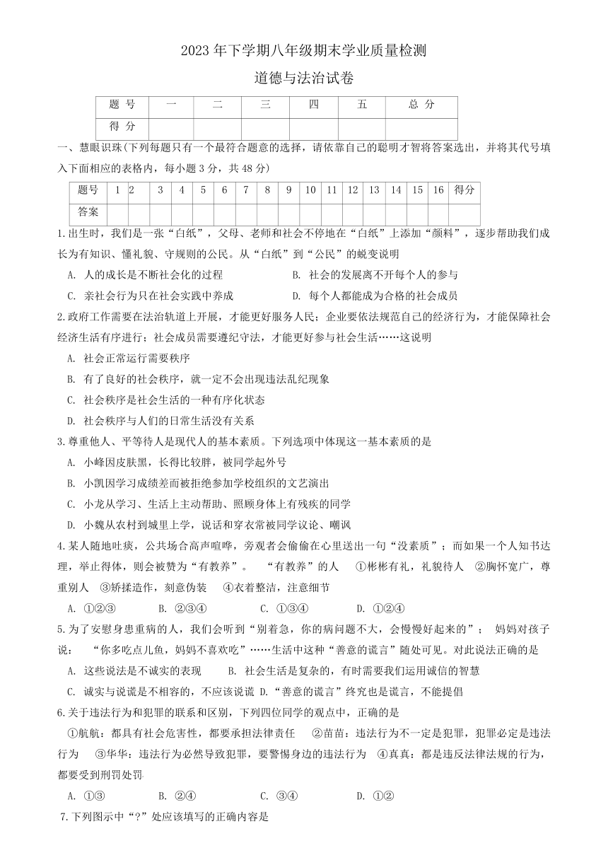 湖南省湘潭市 2023-2024学年八年级上学期1月期末道德与法治试题（pdf版，含答案）