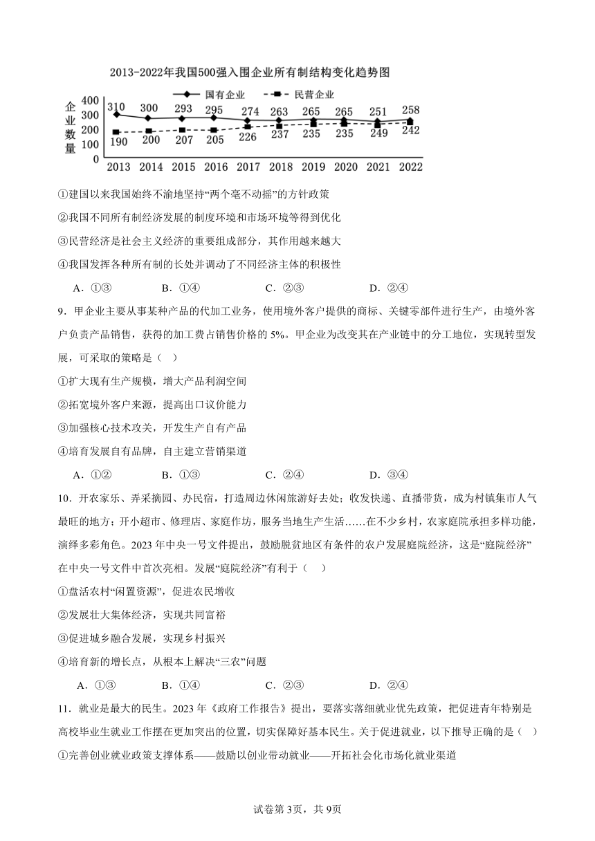 经济与社会   综合练习（含答案）2023-2024学年度高中政治统编版必修二经济与社会