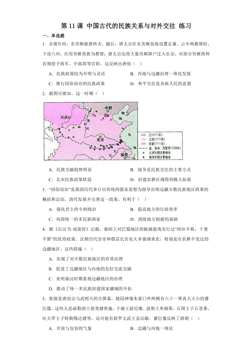 第11课中国古代的民族关系与对外交往练习（含答案解析）2023-2024学年高中历史统编版2019选择性必修1