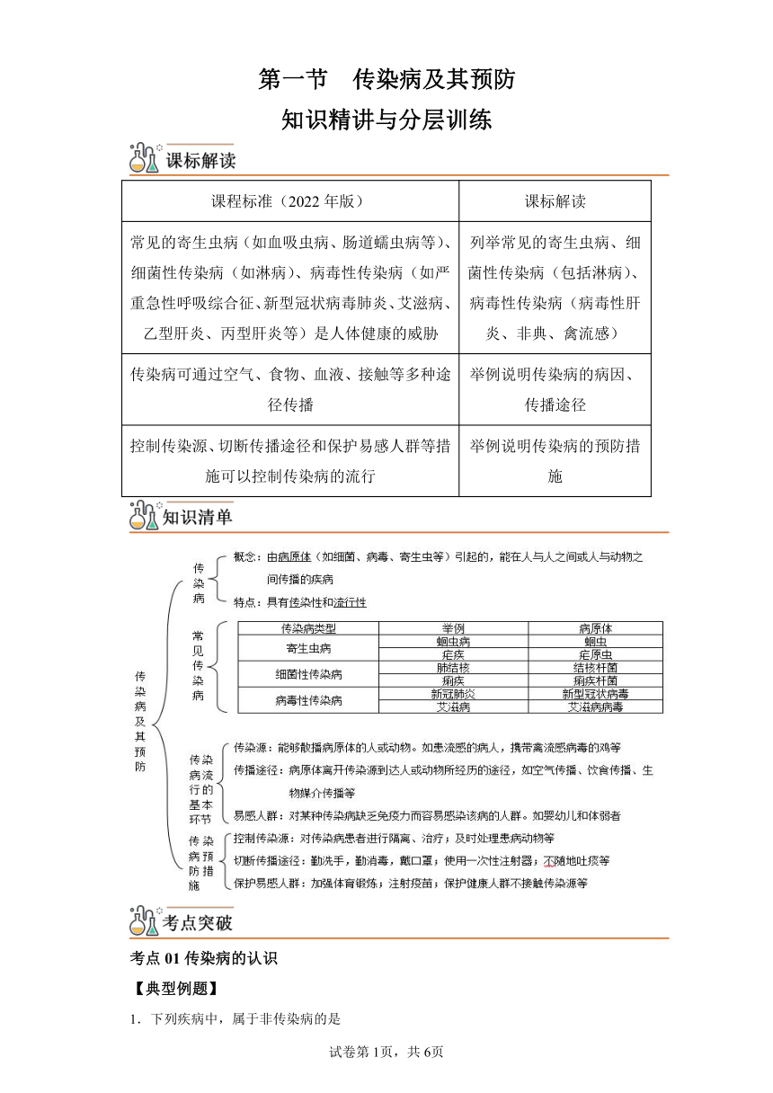 8.1.1传染病及其预防 知识精讲与分层训练 （含解析）人教版生物八年级下册