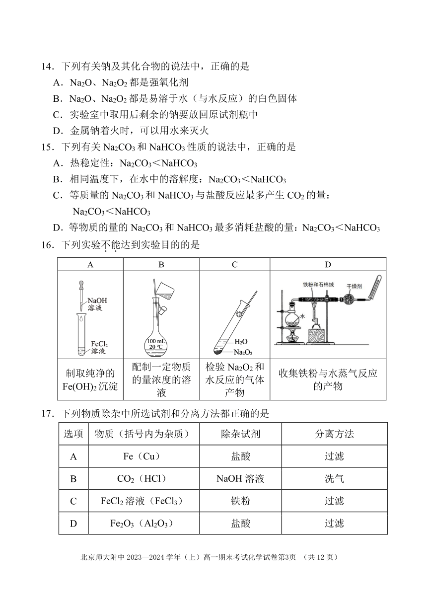 北京市北京师范大学附属中学2023-2024学年高一上学期期末考试化学试卷（PDF版含答案）