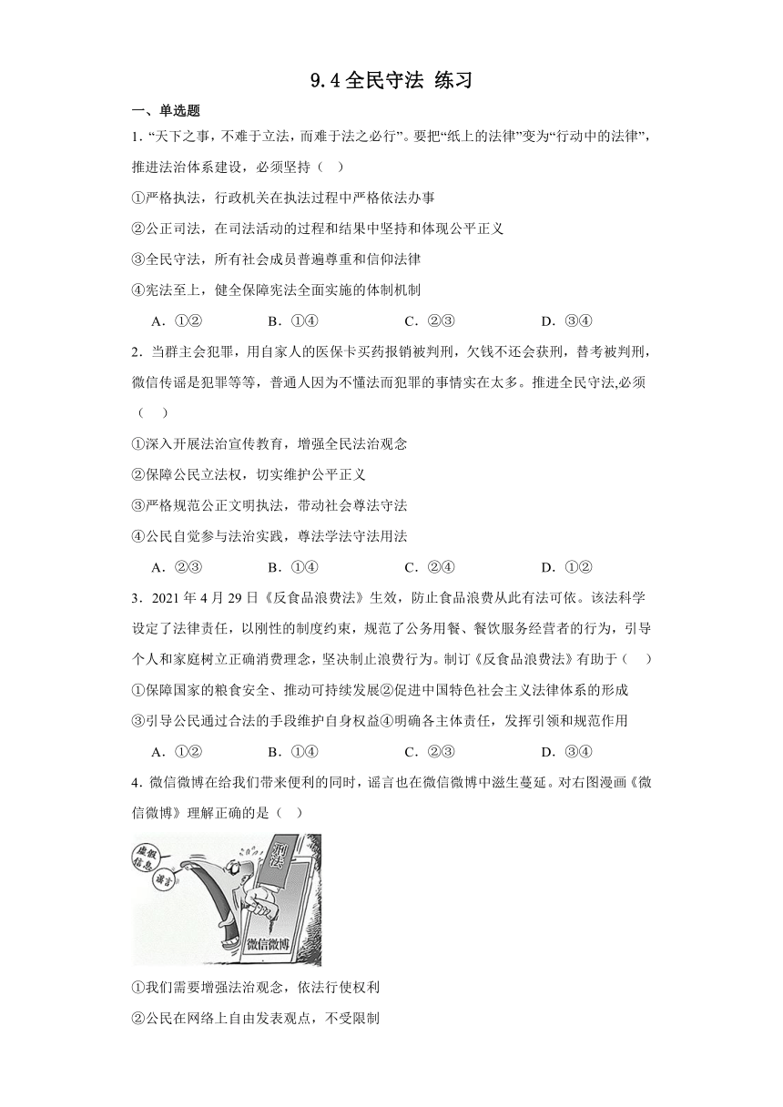 9.4全民守法 练习（含解析）-2023-2024学年高中政治统编版必修三政治与法治