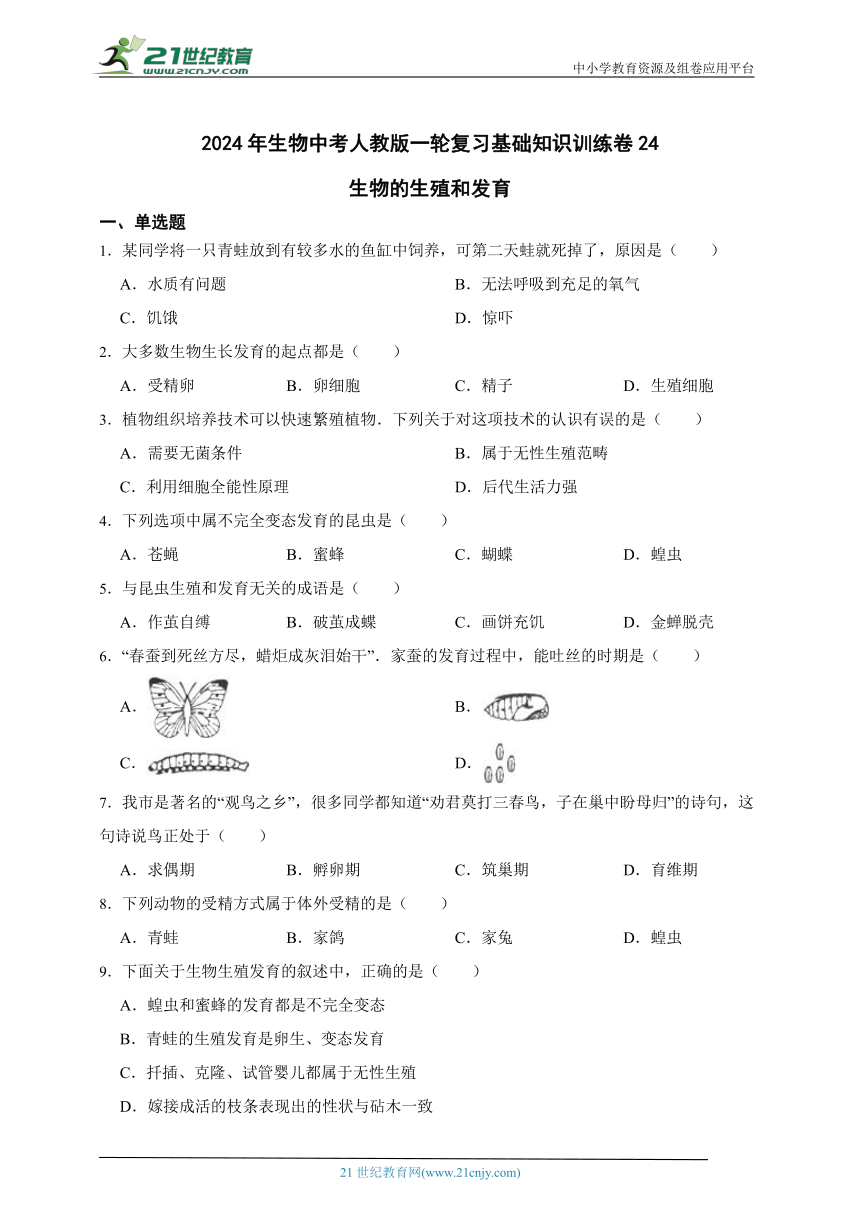 2024年生物中考人教版一轮复习基础知识训练卷24生物的生殖和发育（含解析）