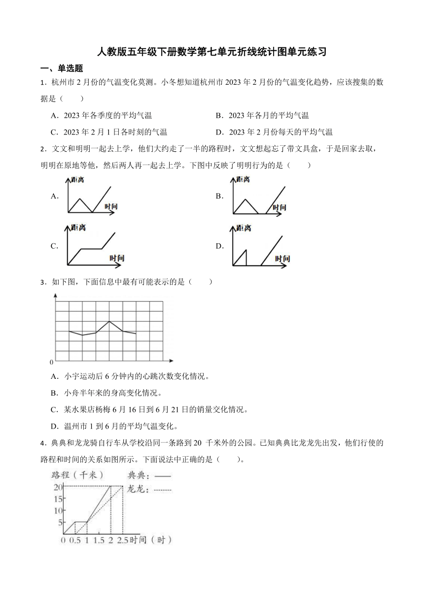 人教版五年级下册数学第七单元折线统计图单元练习（含答案）