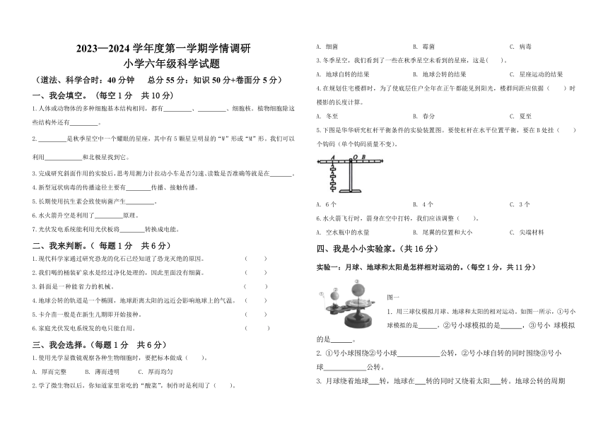 山东省济宁市金乡县2023-2024学年六年级上学期期末考试科学试题（PDF版无答案 ）