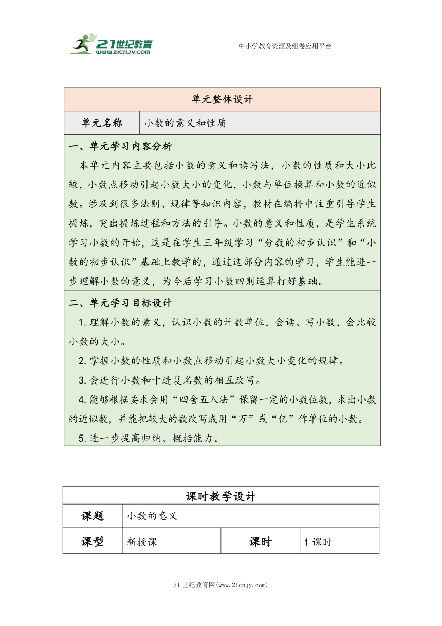 大单元教学【核心素养目标】4.1  小数的意义（表格式）教学设计 人教版四年级下册