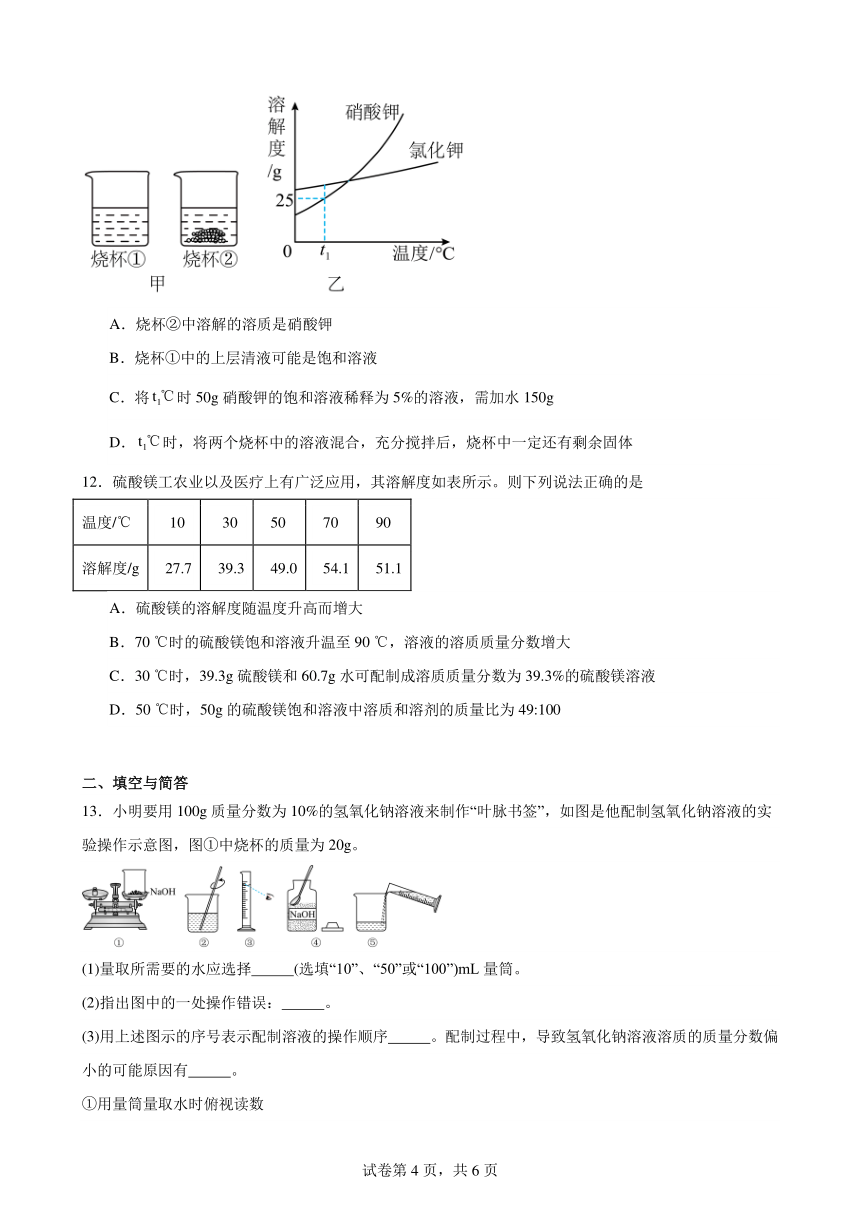 第九单元溶液单元训练题--2023-2024学年九年级化学人教版下册（含答案）