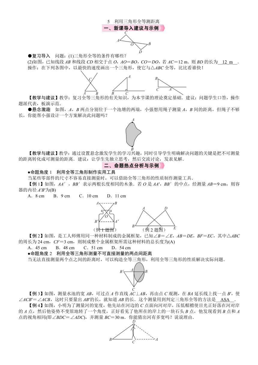 北师大版数学七年级下册4.5　利用三角形全等测距离教案（含答案）
