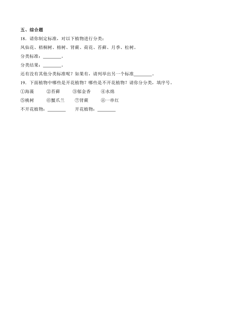 五年级科学下册（冀人版）第11课 种类繁多的植物（同步阶段练习）（含解析）