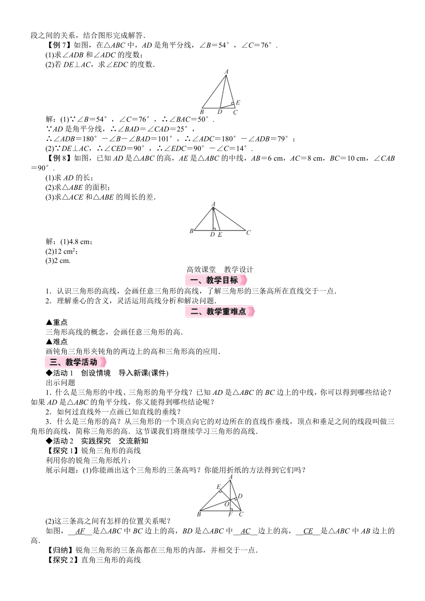 北师大版数学七年级下册4.1.4 三角形的高线 教案