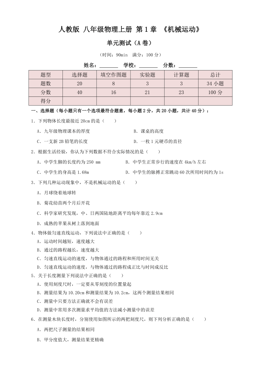 人教版八年级物理上册 第1章《机械运动》单元测试练习（A卷）原卷版+解析