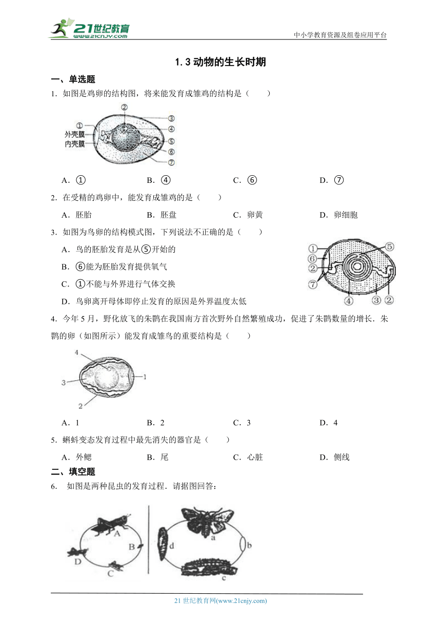 浙教版科学 七下1.3动物的生长时期同步练习（优生加练）（含解析）