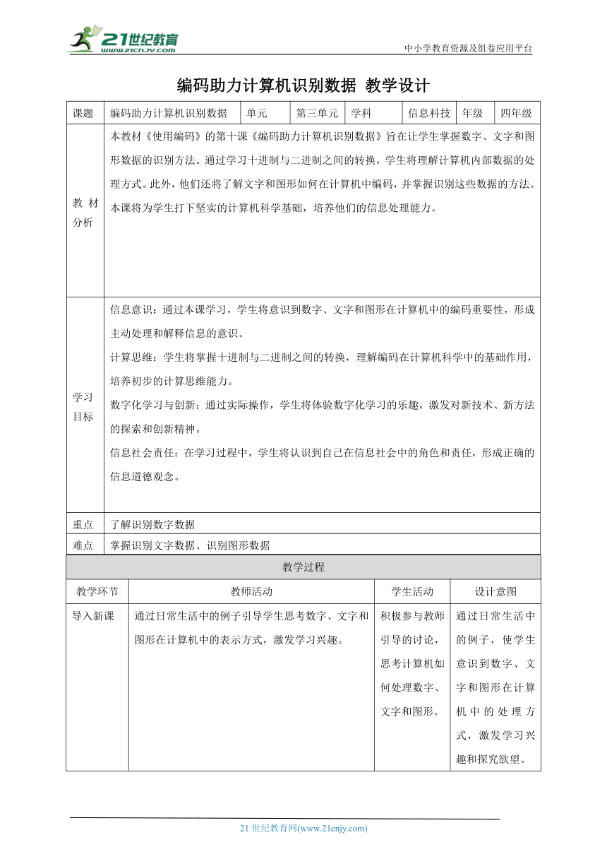 第11课 编码助力计算机识别数据 教案9 四下信息科技赣科学技术版