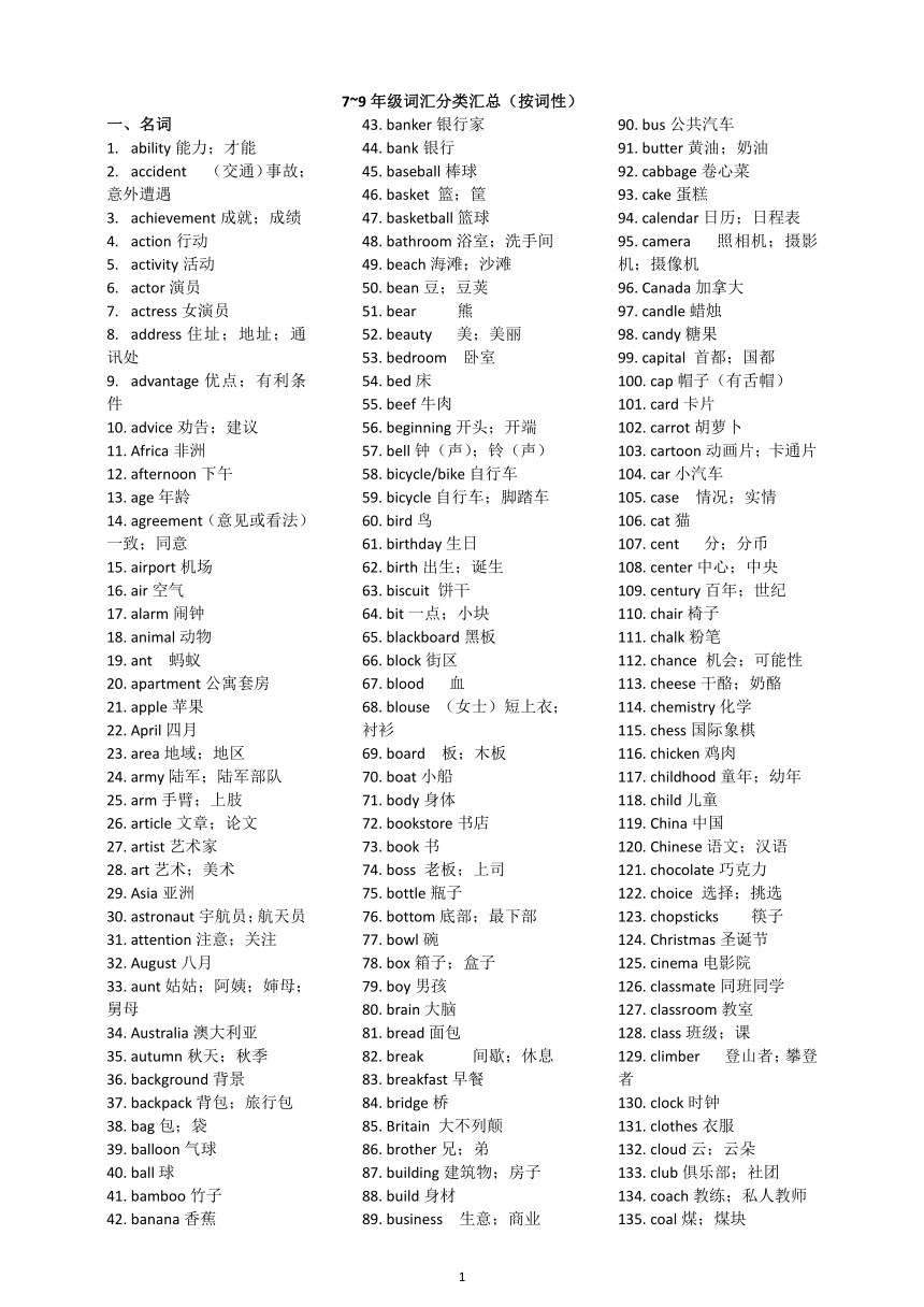 人教版7~9年级词汇分类汇总(按词性)  - 字母排序