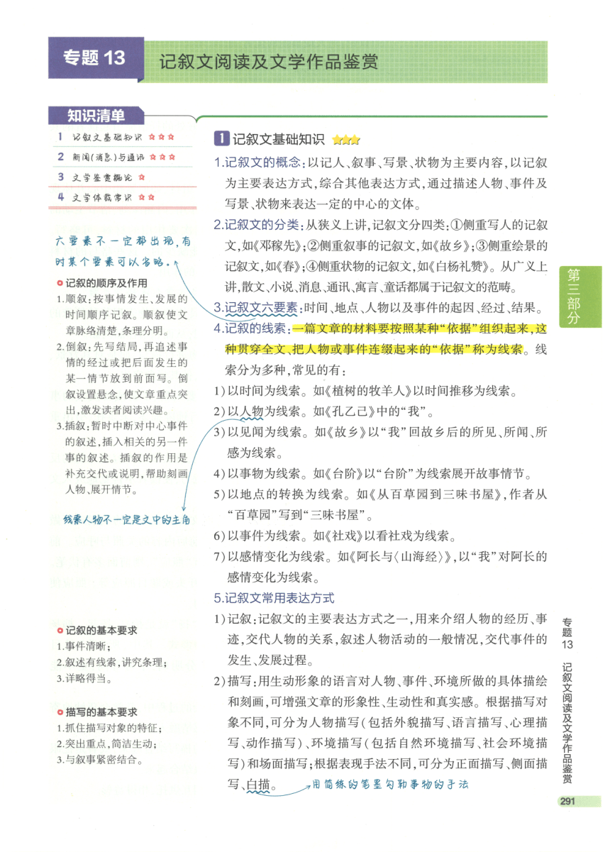 【知识清单】第3部分 现代文阅读 专题13 记叙文阅读及文学作品鉴赏-2024中考语文总复习（pdf版）