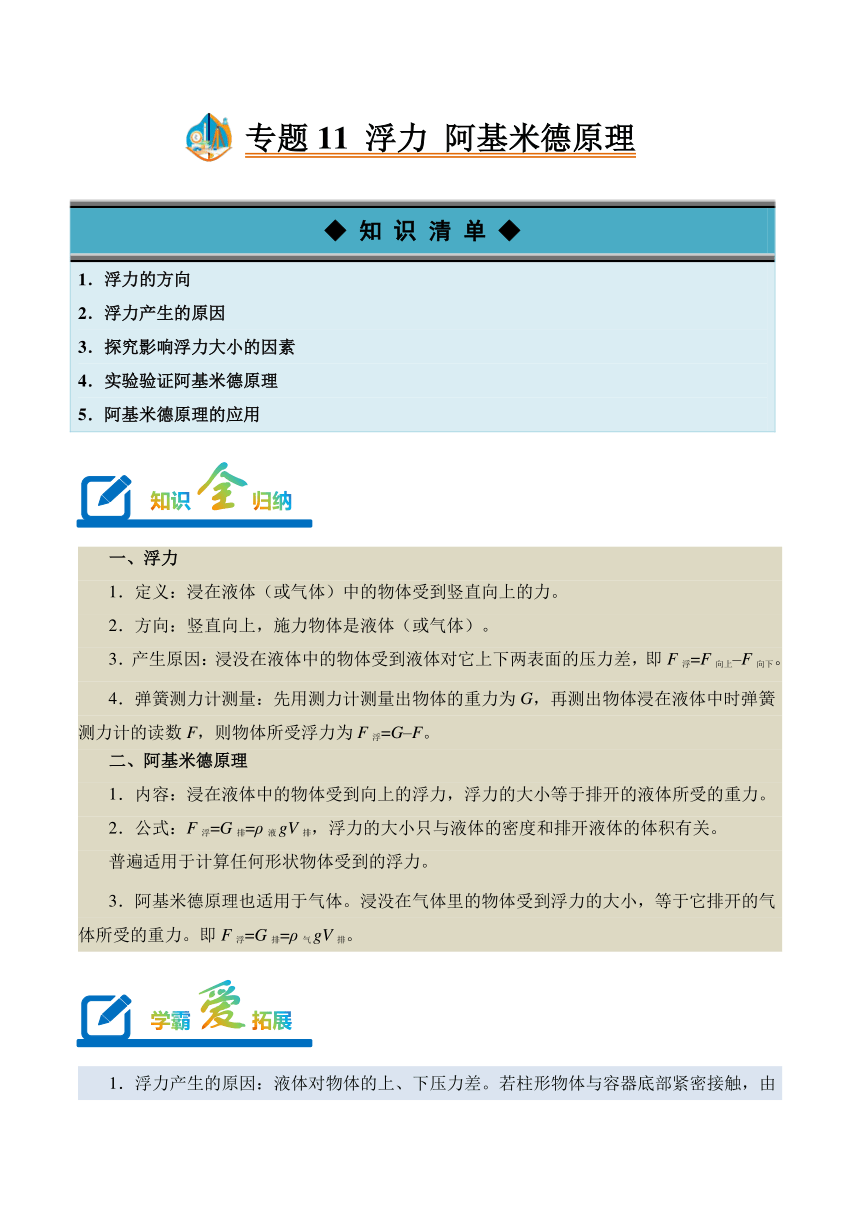 2023-2024学年八年级下册物理人教版专题11 浮力 阿基米德原理讲义（含答案）