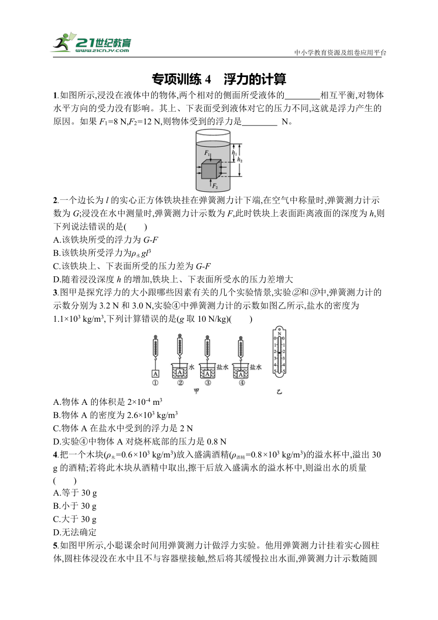 人教版八年级物理下册专项训练4浮力的计算含答案