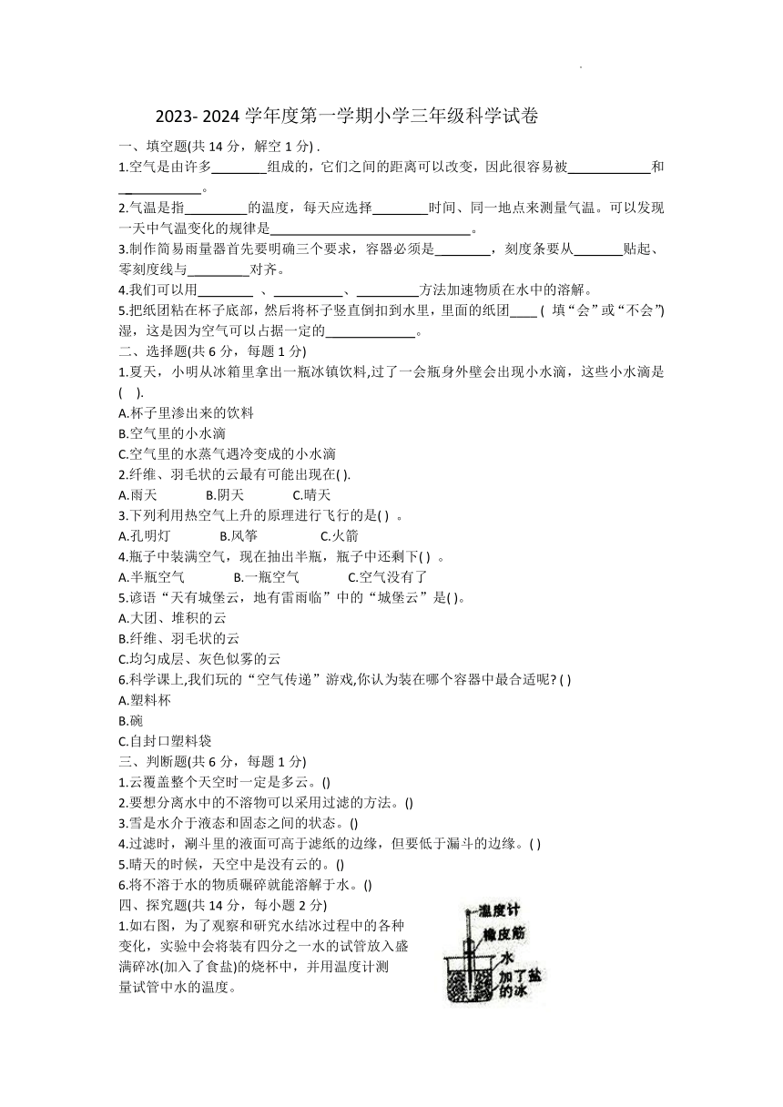 江苏省宿迁市泗阳县2023-2024学年三年级上学期期末科学试卷（PDF版无答案 ）