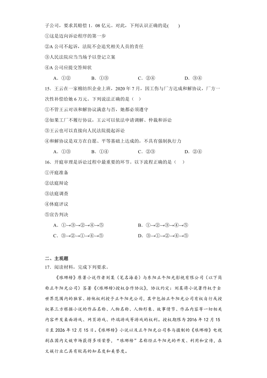 10.2严格遵守诉讼程序 练习（含解析）-2023-2024学年高中政治统编版选择性必修二法律与生活