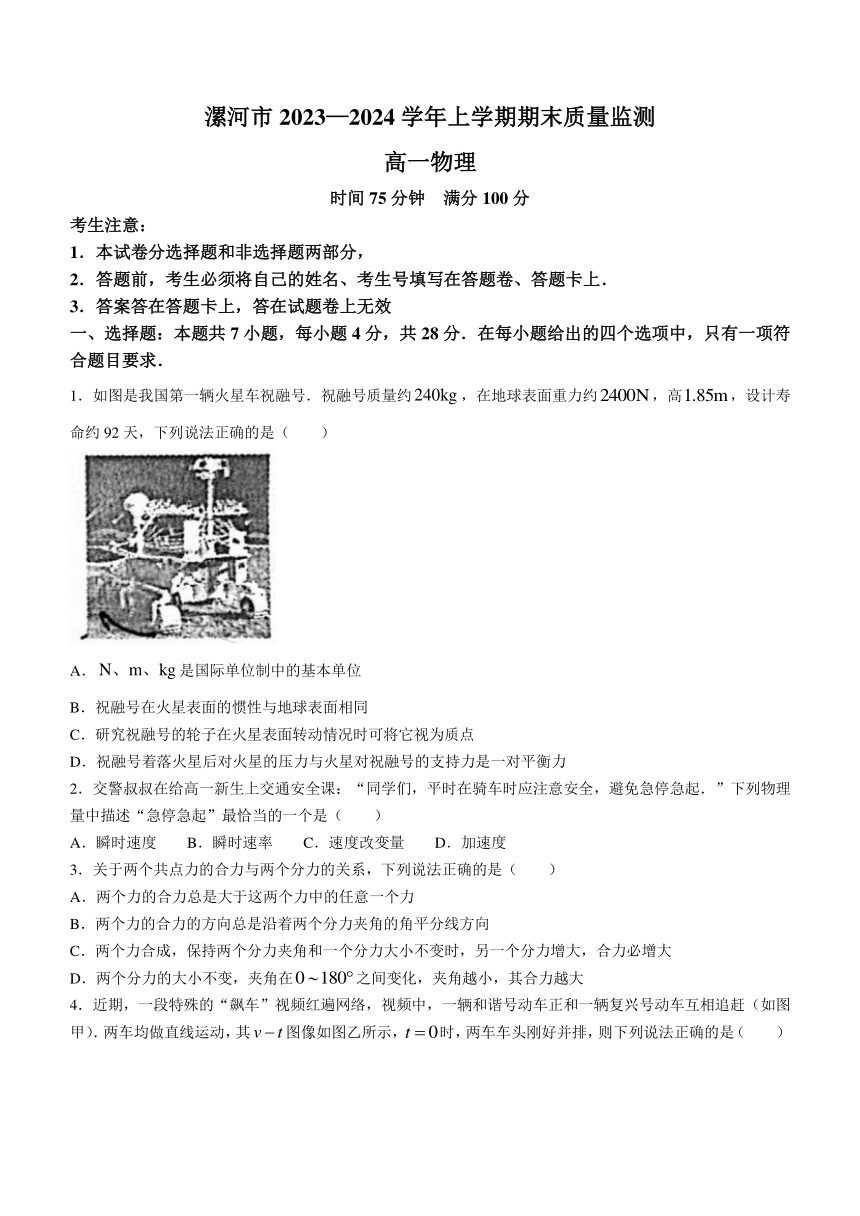 河南省漯河市2023-2024学年高一上学期期末质量检测物理试卷（含答案）