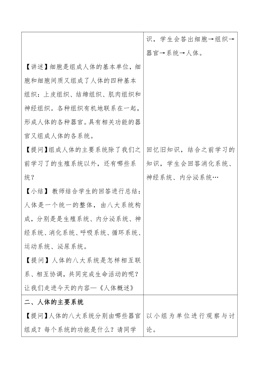 4.8.3 人体概述教学设计（表格式）苏教版七年级下册