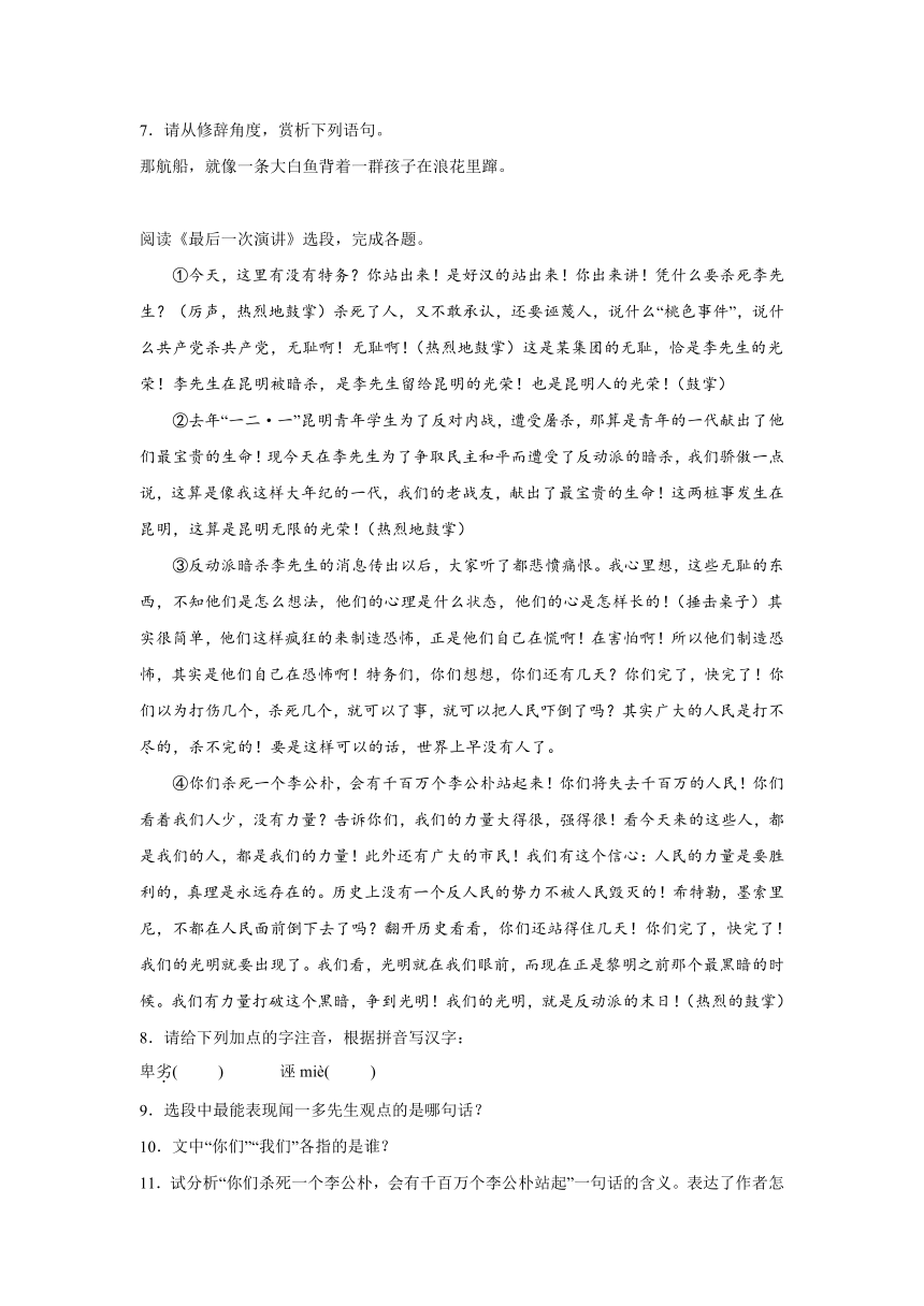 2024年中考语文八年级下册一轮复习试题（十七）（含答案）