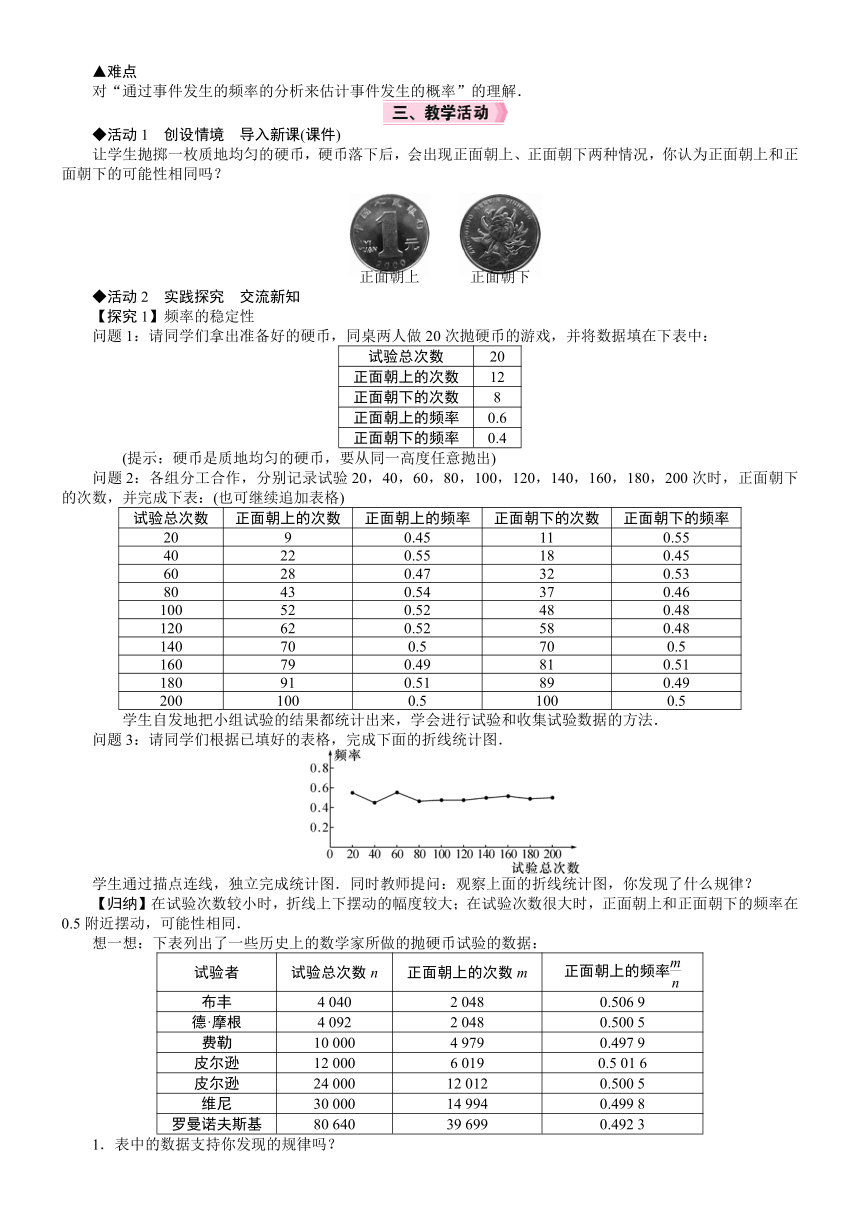 北师大版数学七年级下册6.2.2　抛硬币试验教案（含答案）