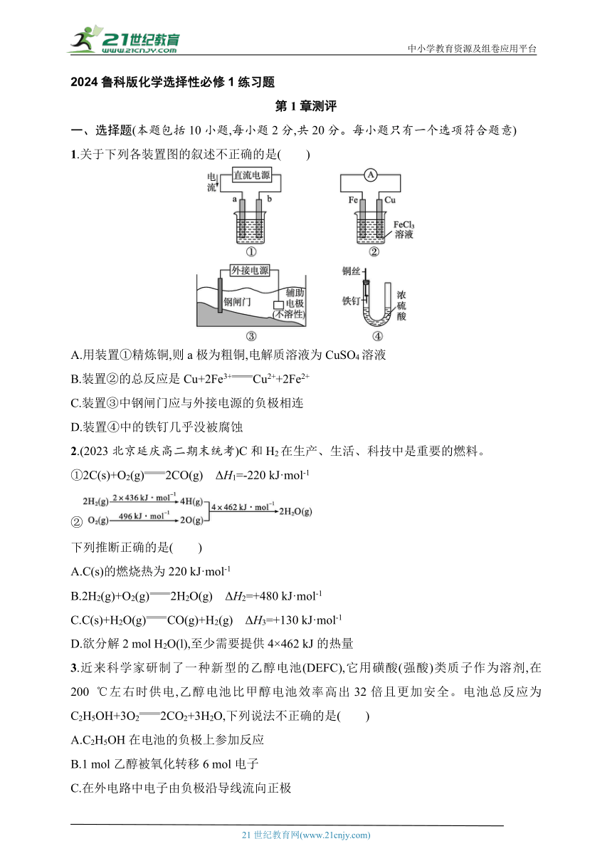 2024鲁科版化学选择性必修1练习题--第1章测评（含解析）