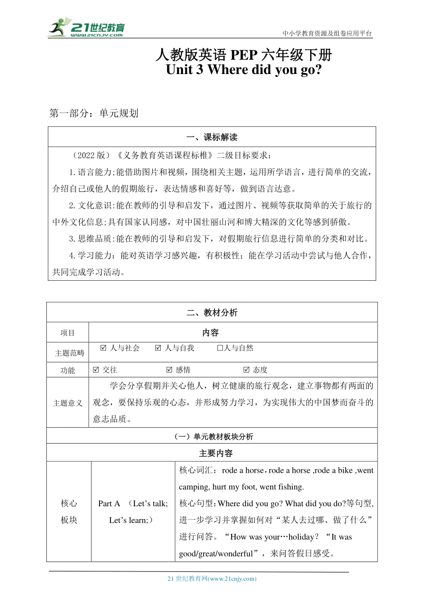 Unit 3 Where did you go? C storytime 单元整体教学设计 作业设计