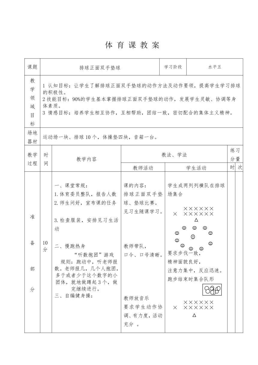 高中体育与健康 人教版 高二年级 排球正面双手垫球 教学设计（表格式）