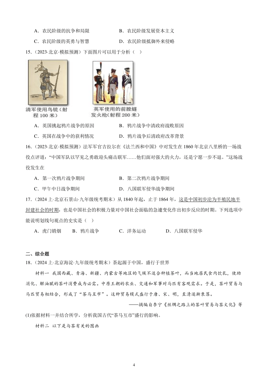 中国开始沦为半殖民地半封建社会 练习题（含解析） 2024年北京市九年级历史中考一轮复习