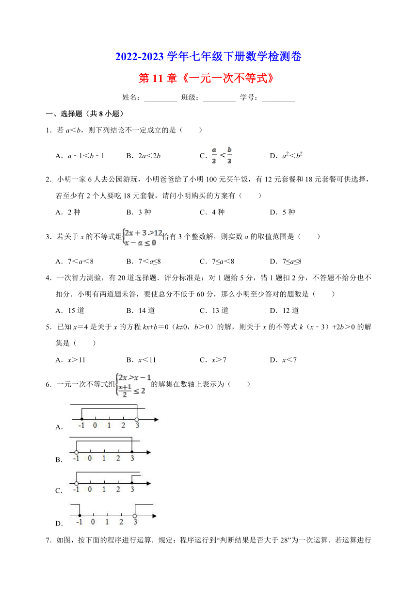苏科版七年级下册数学第11章《一元一次不等式》检测卷（附答案解析）