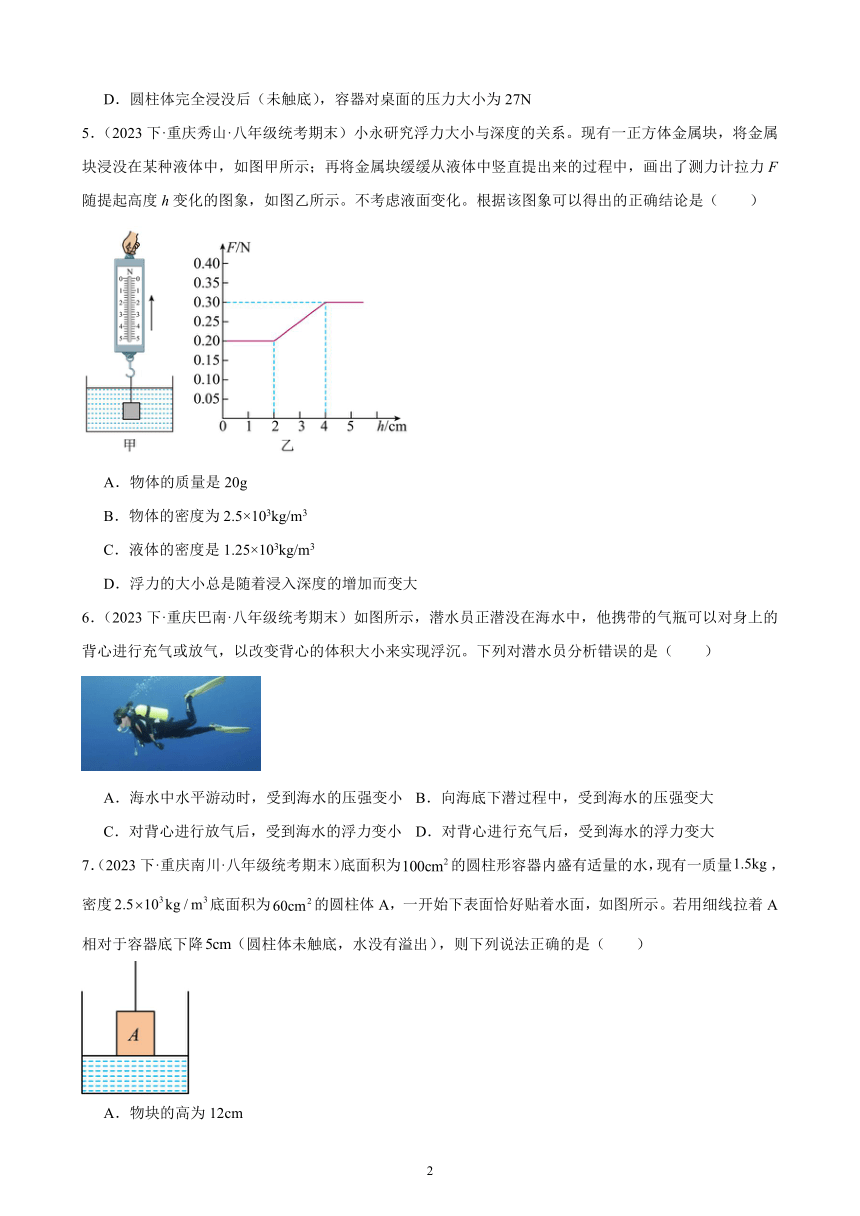 第十章 浮力 单元复习题（含解析） 2022－2023学年下学期重庆市八年级物理期末试题选编