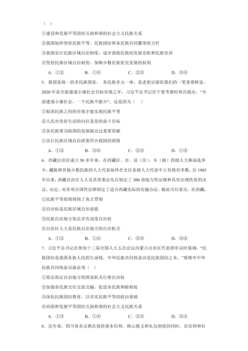 6.2民族区域自治制度 练习（含解析）-2023-2024学年高中政治统编版必修三