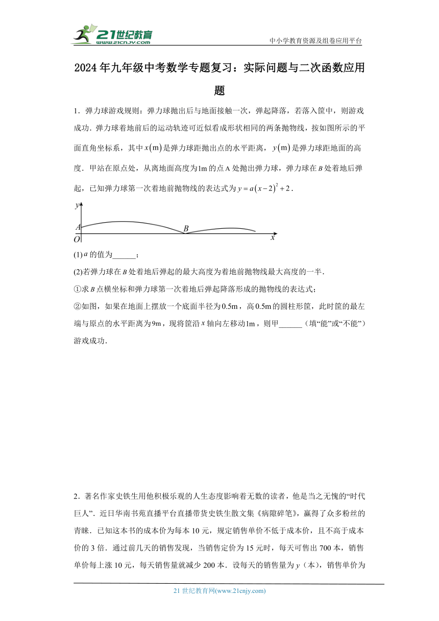 2024年九年级中考数学专题复习：实际问题与二次函数应用题（含解析）