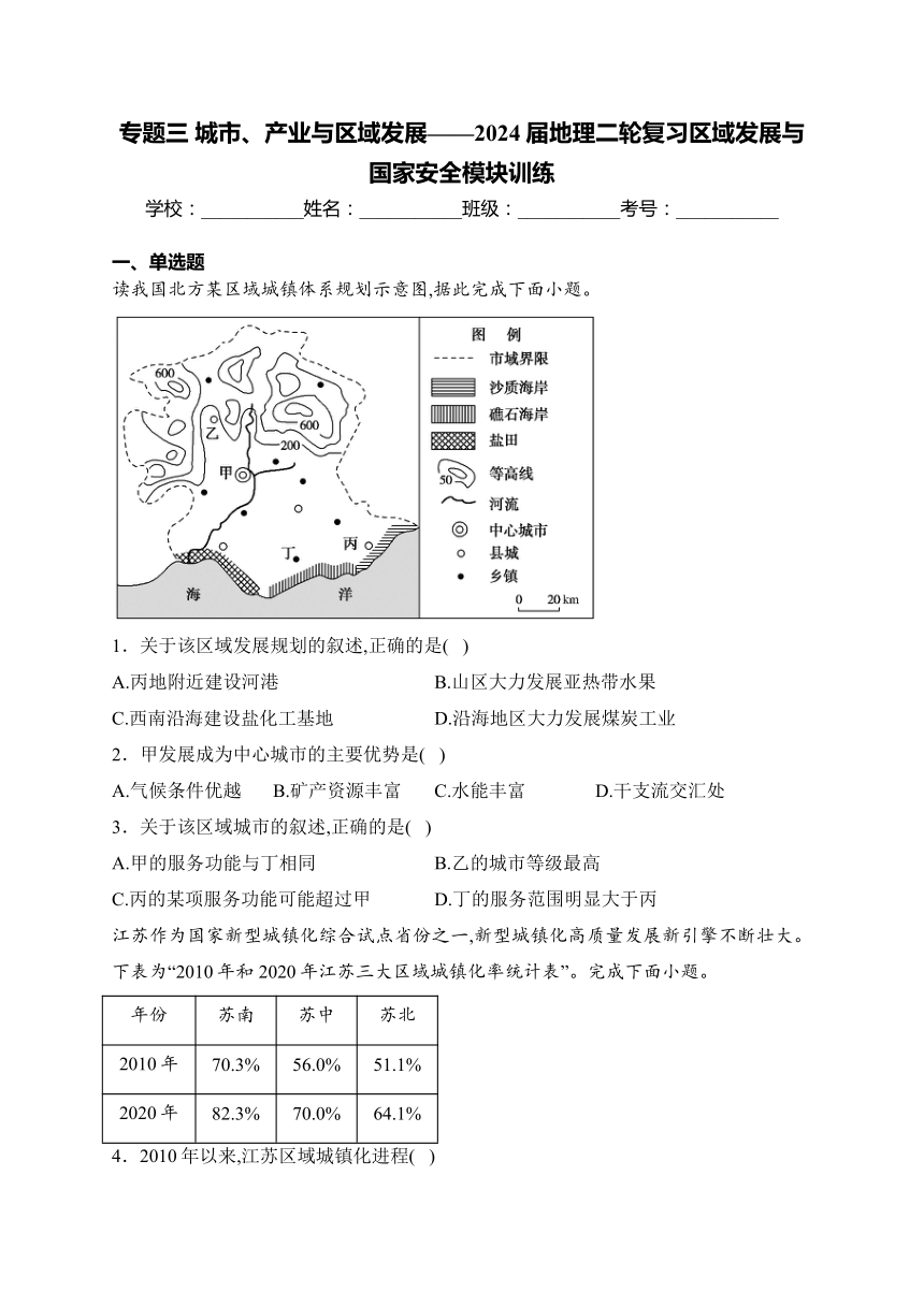 专题三 城市、产业与区域发展——2024届地理二轮复习区域发展与国家安全模块训练(含解析)