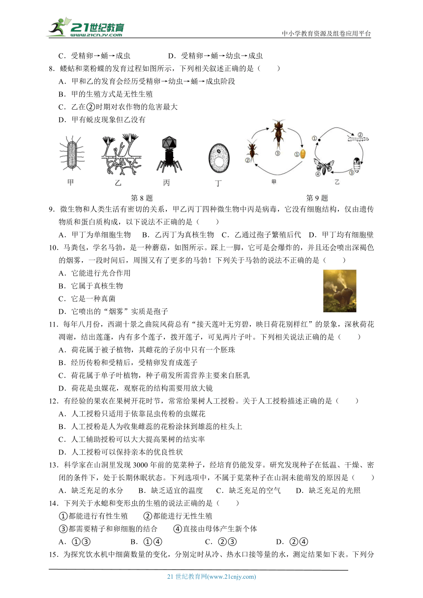 浙教版科学 七下 第1章代代相传的生命单元测试（二）（含答案）