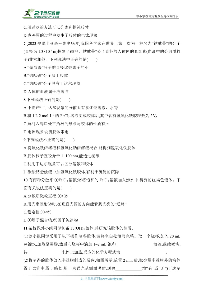 2024鲁科版化学必修第一册练习题--分层作业8　胶体（含解析）