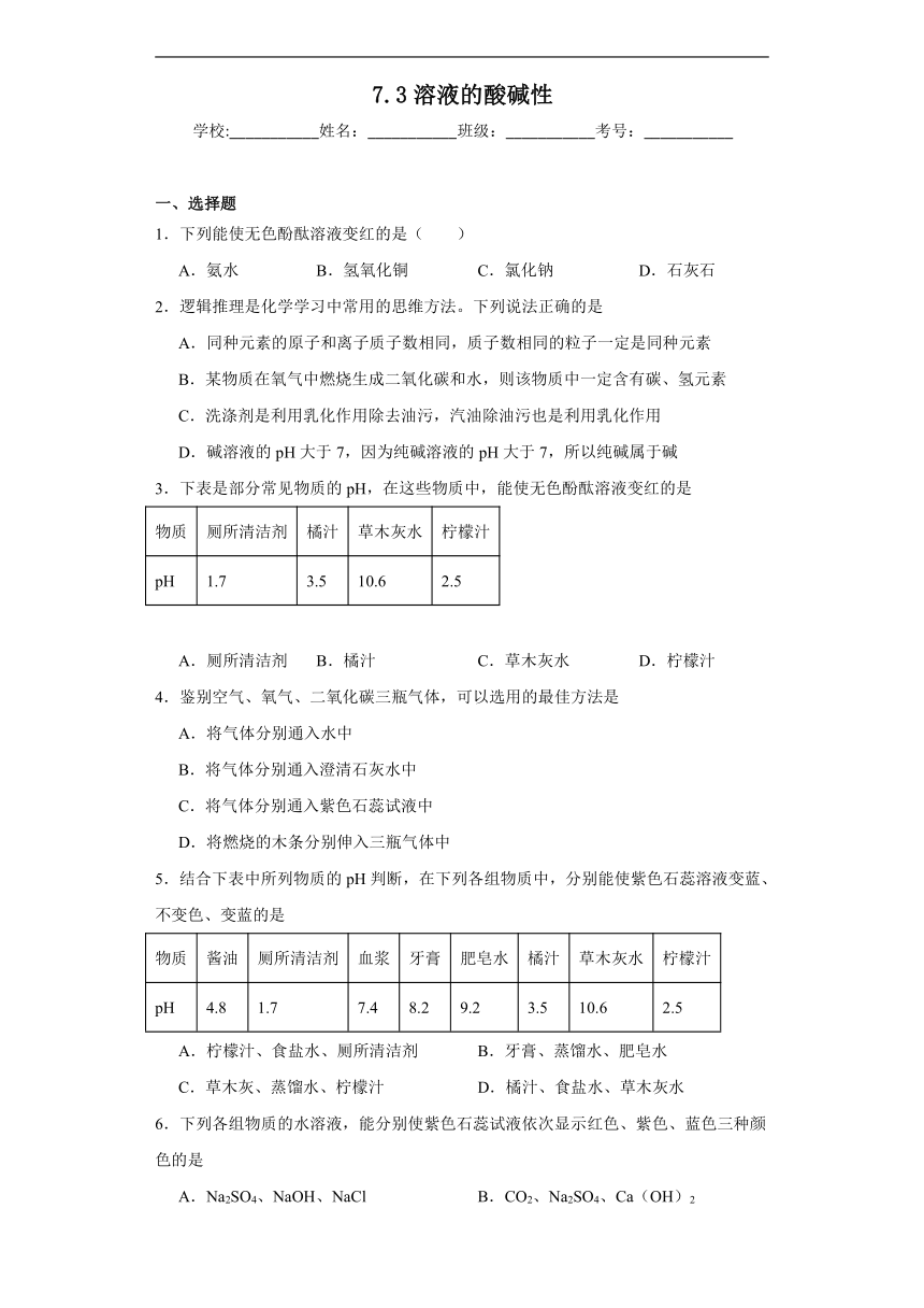 7.3溶液的酸碱性同步练习 （含解析）鲁教版化学九年级下册