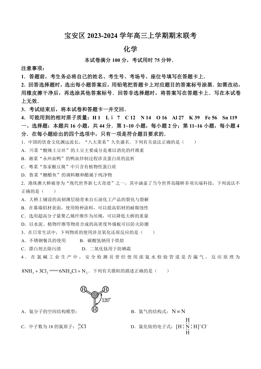 广东省深圳市宝安区2023-2024学年高三上学期期末联考化学试卷（含解析）