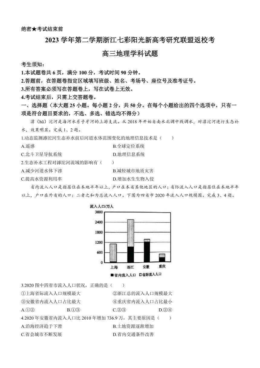 浙江省七彩阳光联盟2023-2024学年高三下学期开学考试地理试题(PDF版无答案)