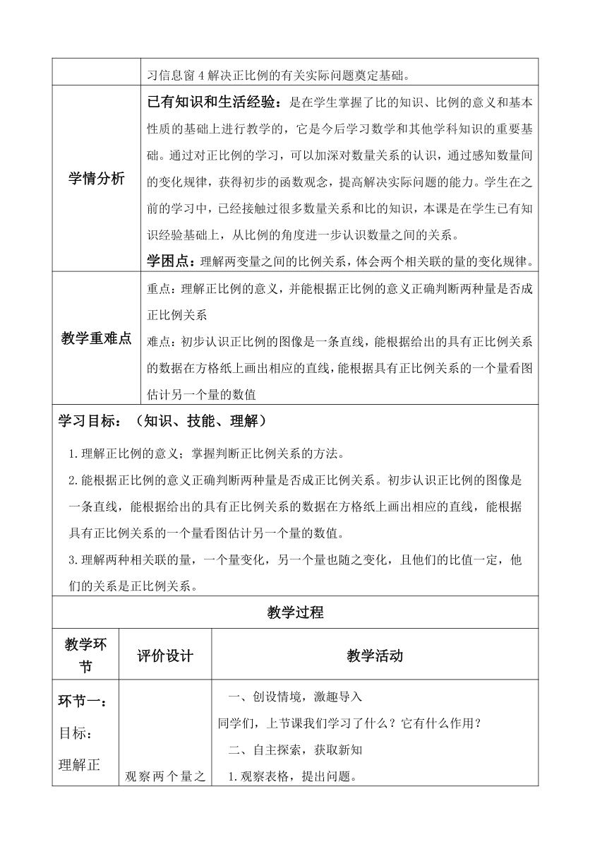 青岛版小学数学六年级下册第三单元《正比例》教案+预习单+探究单+作业单（表格式）